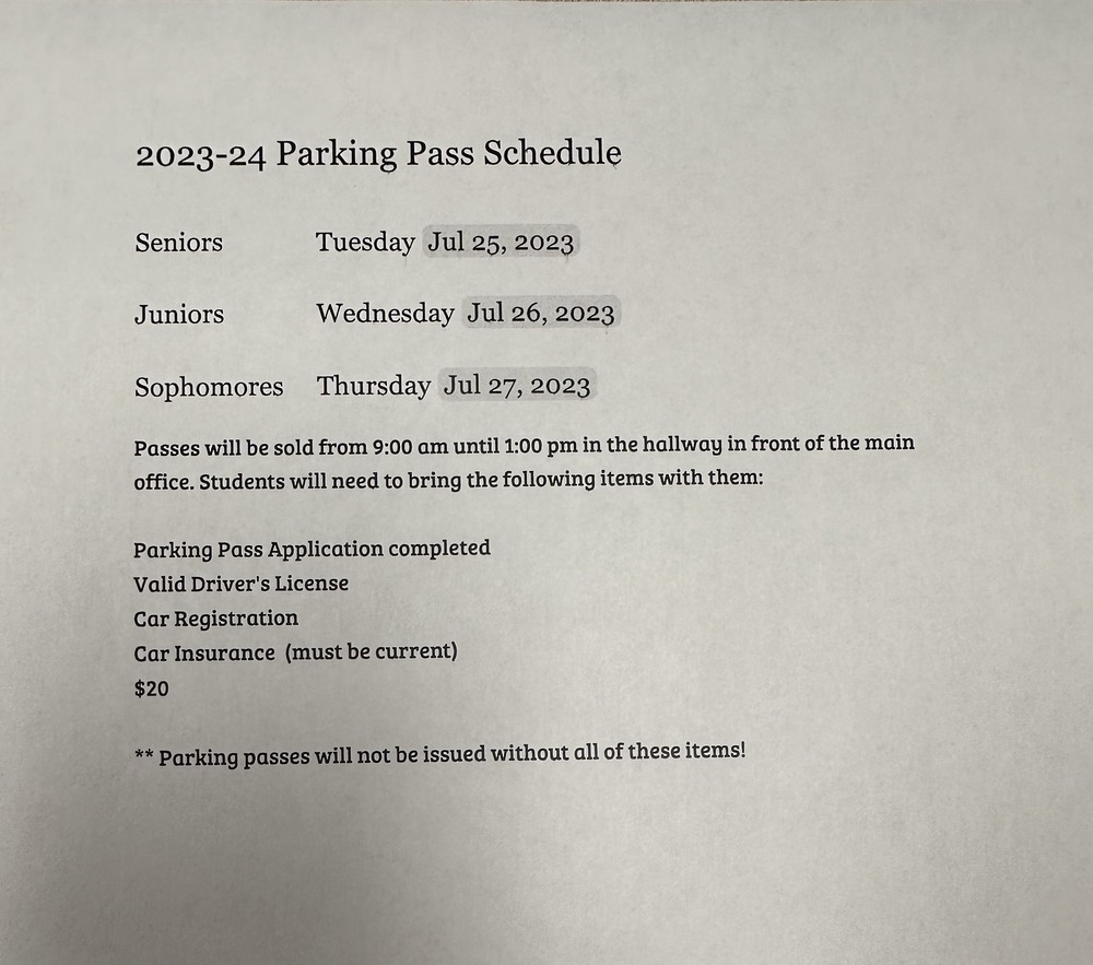 Parking Pass Schedule