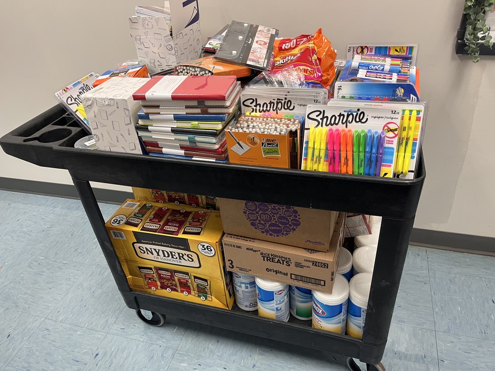 Cart of snacks, school supplies, and other treats for teachers and staff