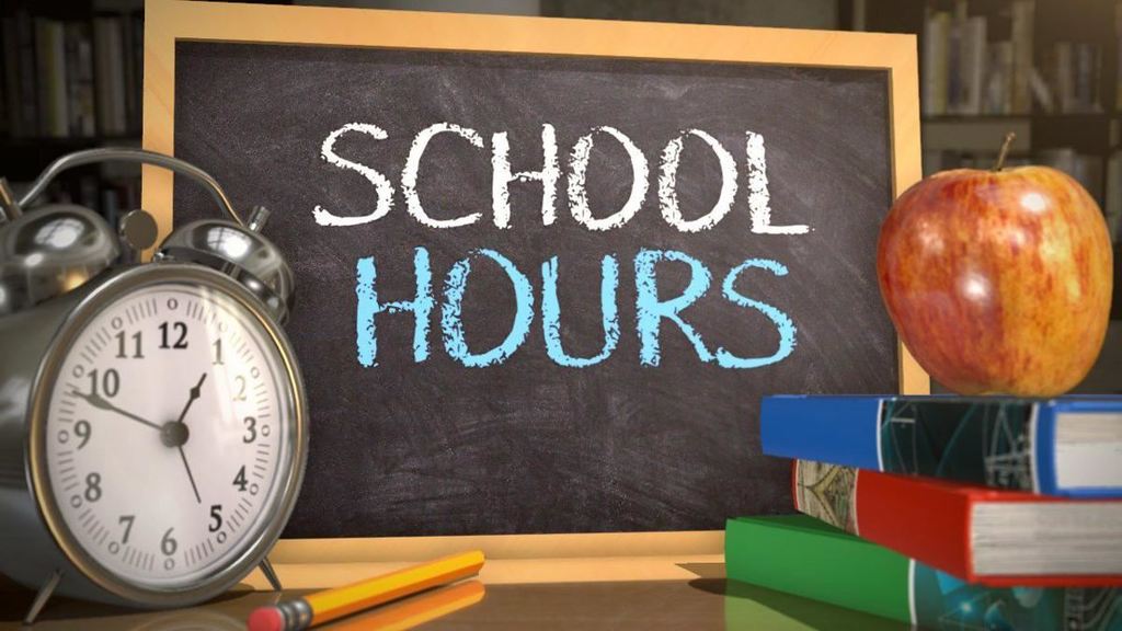 chalkboard with school hours and school supplies