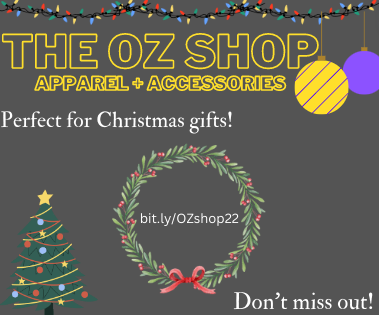 gray background with Christmas tree advertising the OZ Shop