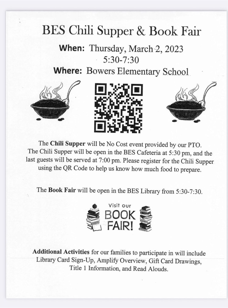 Don’t forget! Chili Supper and Book Fair tomorrow, Thursday, March 2, 2023, from 5:30-7:30 PM! Please register using the following link: https://forms.gle/P9aBNuDe9ZvPCkmb9