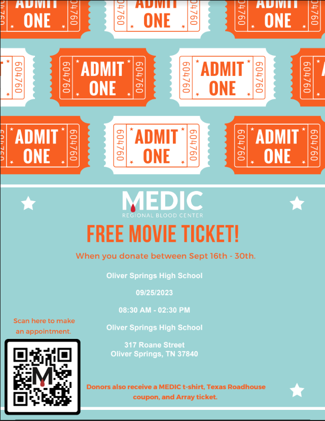 flyer for blood drive with movie tickets